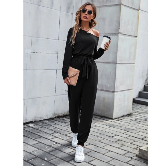 Asymmetrical Boat Neck Long Sleeve Tie Belt Waist Long Black Jumpsuit - Picture 3 of 8